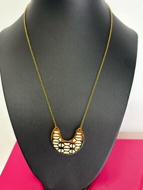 Stella & Dot Gold Crescent Pendant Necklace with Light Blue Mosaic